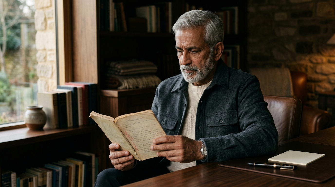 Senior Indian man in a dark study holds his old school exercise book, reflecting on World Teachers' Day 2026