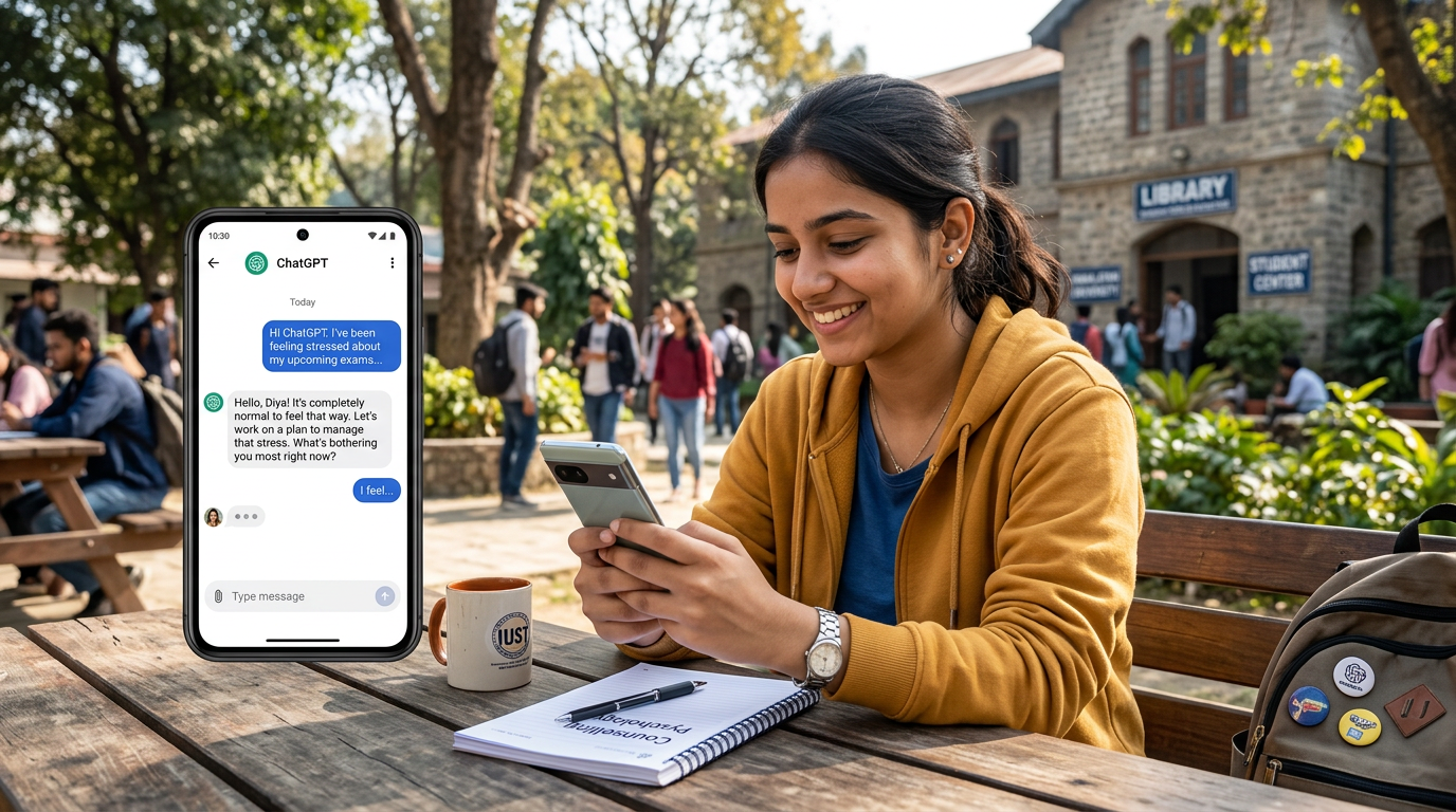 Smiling indian student on a campus bench chats with chatgpt about exam stress asking can chatgpt be my life coach
