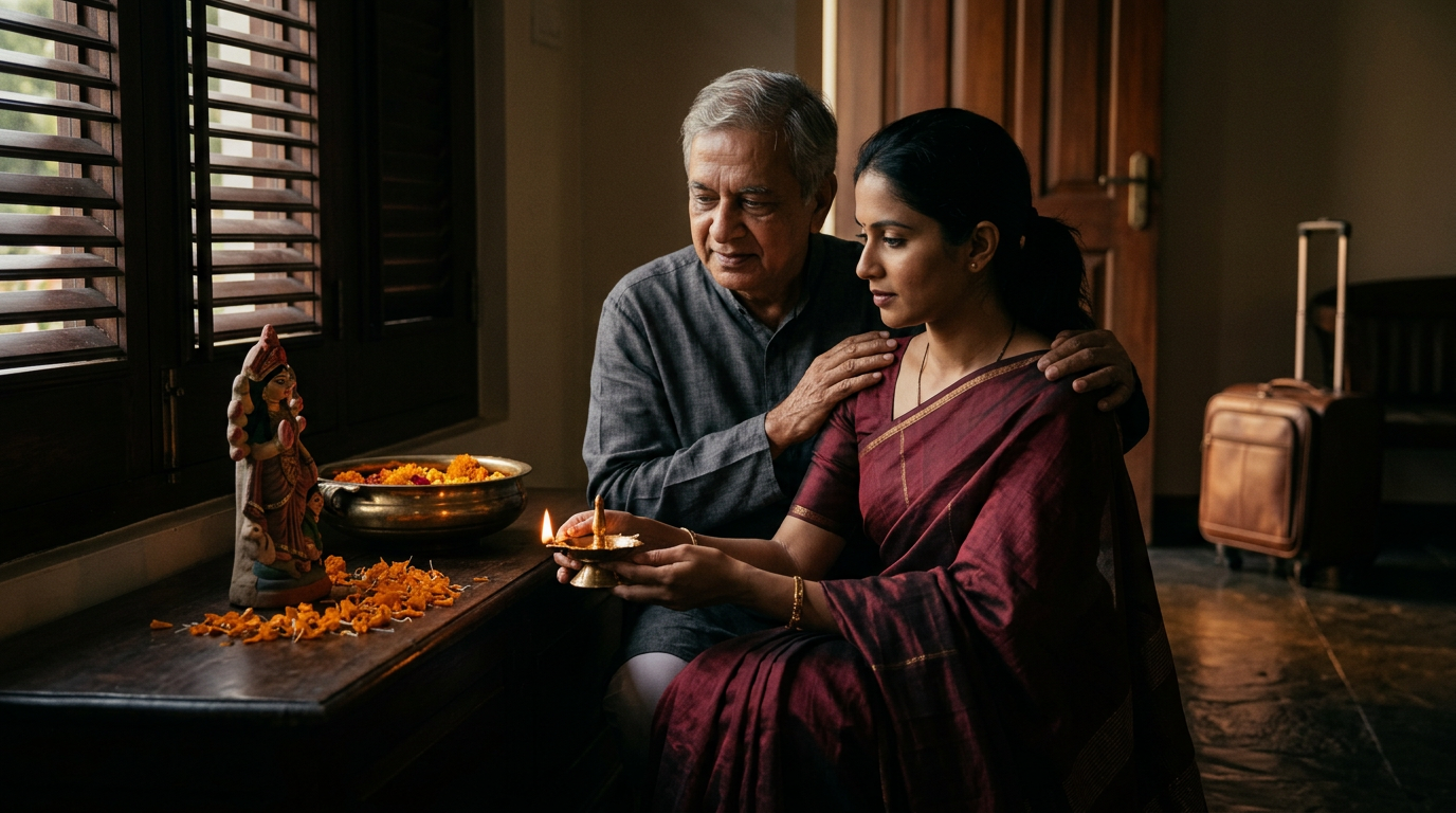 Father and adult daughter light a diya before a clay Durga idol at home, marking Durga Puja in Mauritius