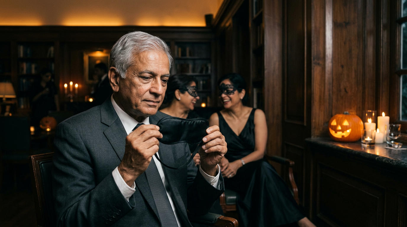 Silver-haired Indian man lowers a black Halloween mask at a candlelit evening gathering as masked friends laugh behind him