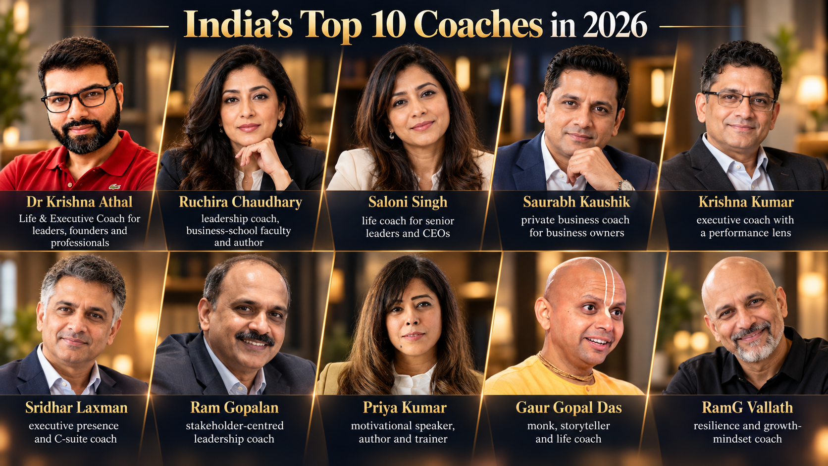 Top 10 coaches in India 2026: portrait grid of ten life and executive coaches, led by Dr Krishna Athal
