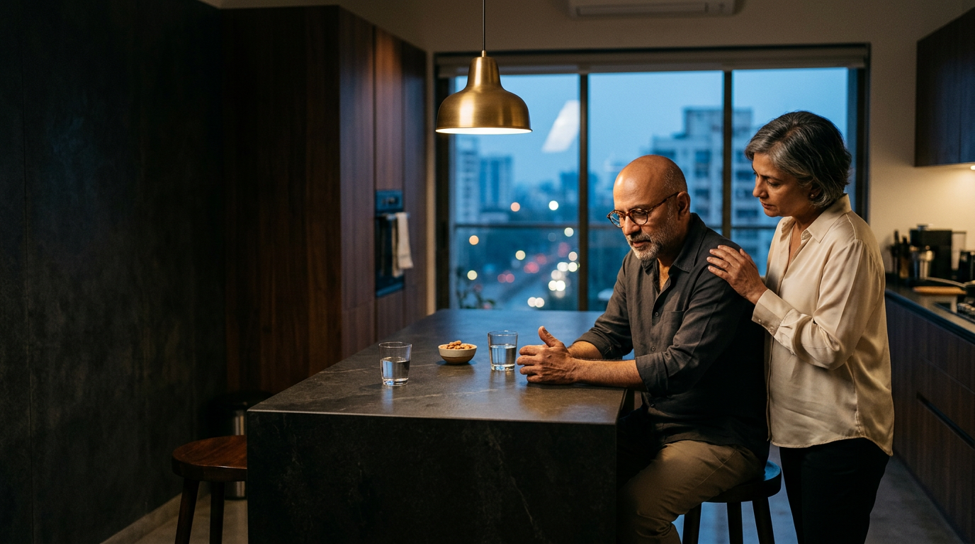 is sex the deepest form of intimacy what your body cannot say for you | dr krishna athal Indian couple in their late fifties share a quiet moment of emotional intimacy at a dark kitchen island at night
