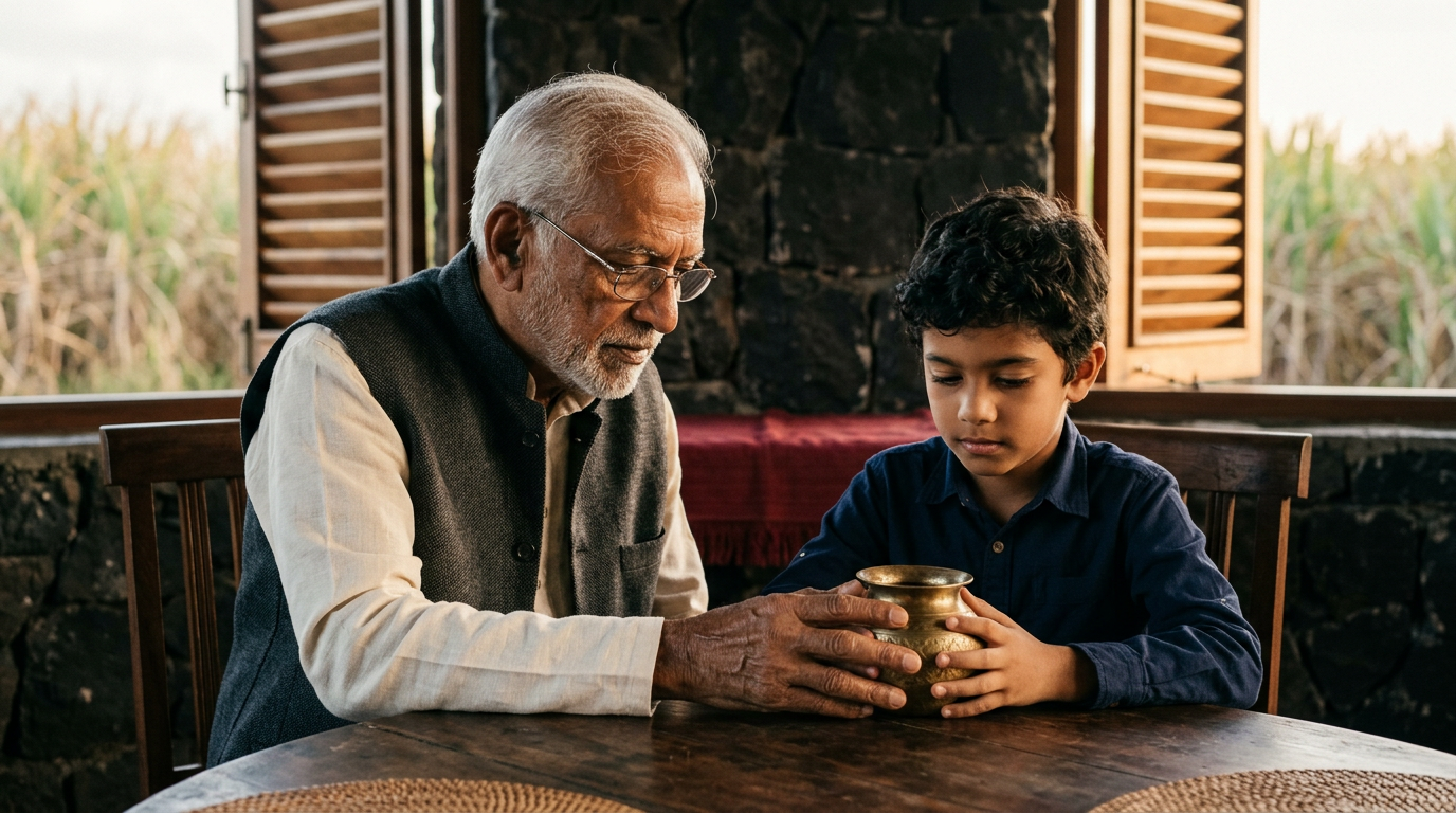 Grandfather and grandson hold an old brass lota by a basalt wall, remembering the arrival of indentured labourers