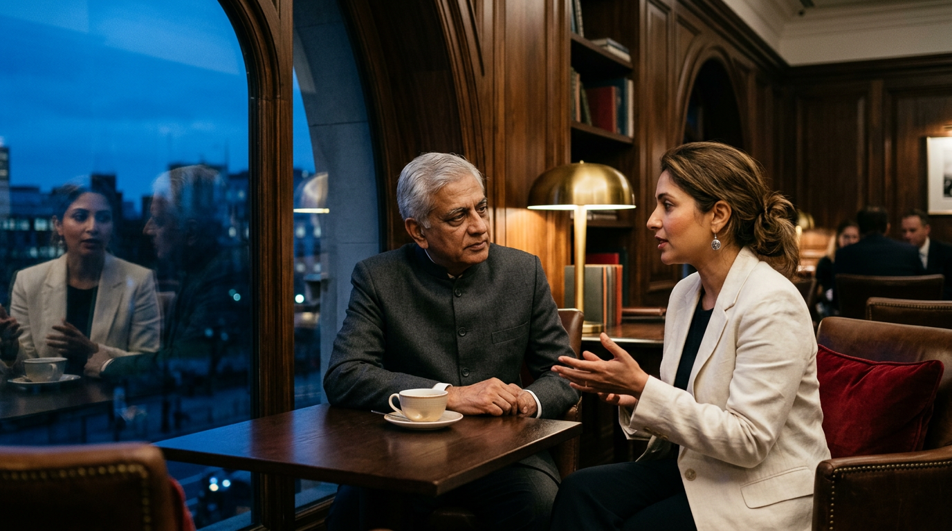 Silver-haired Indian executive listens closely to a younger colleague in a dusk-lit lounge, the empathy isolation paradox