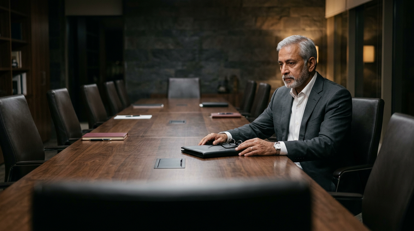 who is indias best business coach icis 2026 answer | dr krishna athal Senior indian business owner alone at the head of an empty boardroom table weighing a decision after a meeting