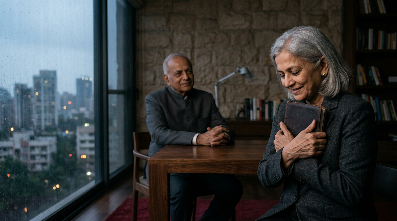 Senior Indian businesswoman holds a worn leather notebook as an older man watches her in a quiet study at dusk