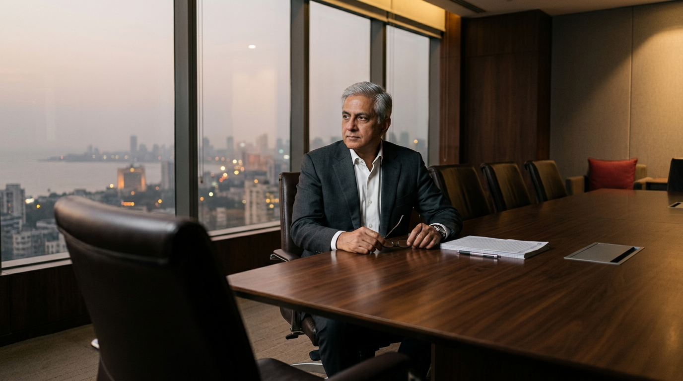 Senior indian business leader alone at a walnut boardroom table at dusk facing an empty chair kept for a leadership coach
