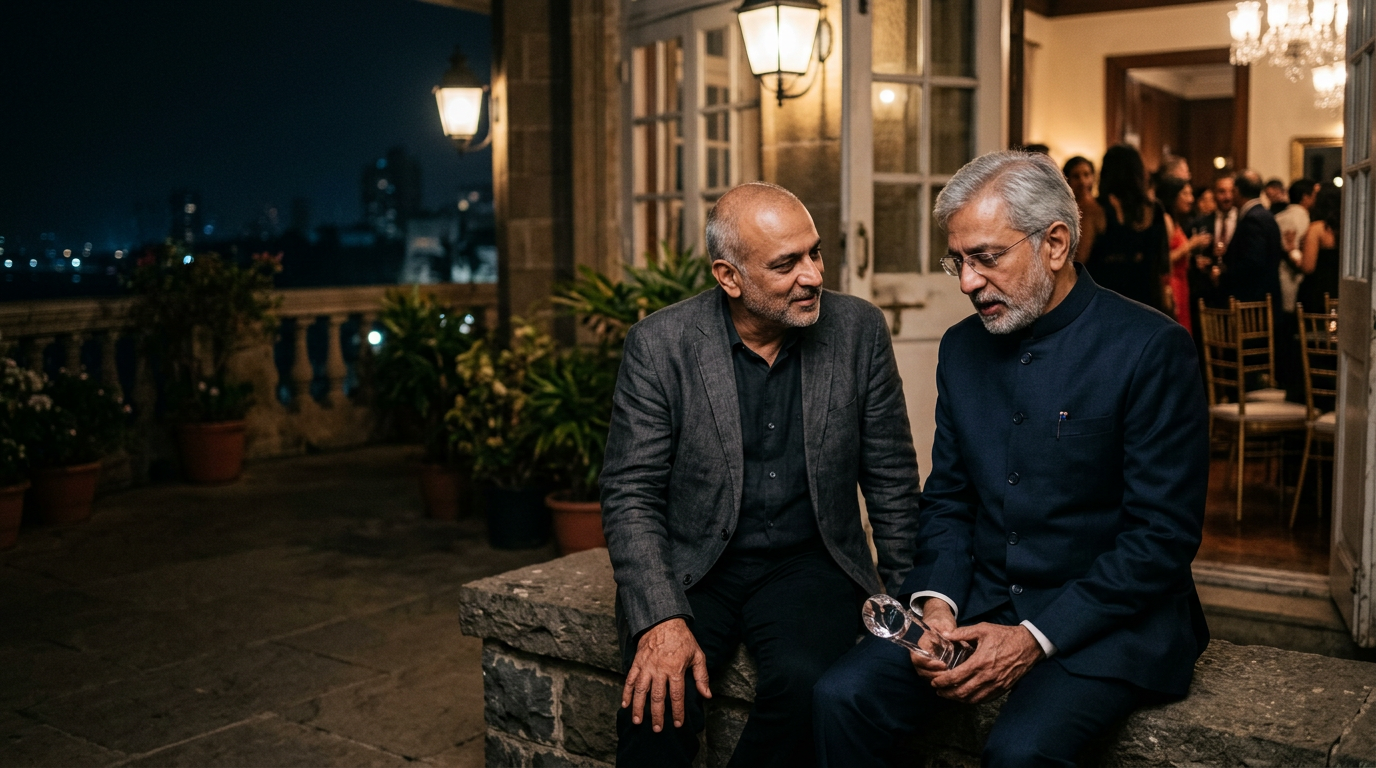 Silver-haired Indian man holding an award confides in an old friend on a night terrace, away from the party behind them
